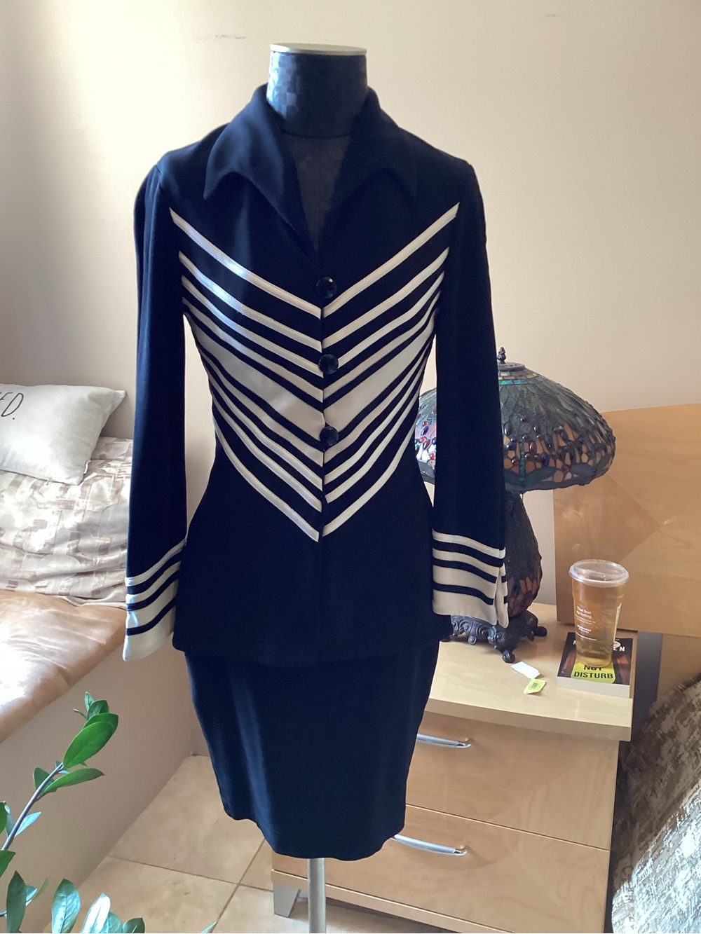 Tadashi Shoji Black Suit with White Chevron Stripes